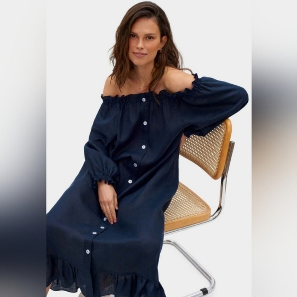 Sleeper 100% linen navy lounge dress
